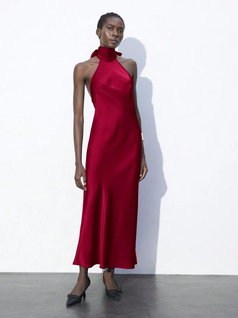 Outzidr  Red Halterneck Midi Dress for Women | Best Price UAE